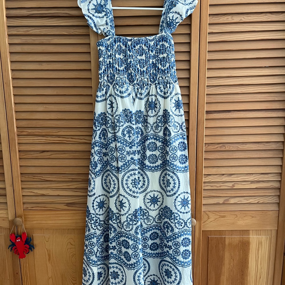 Embroidered Blue and White Eyelet Midi Dress